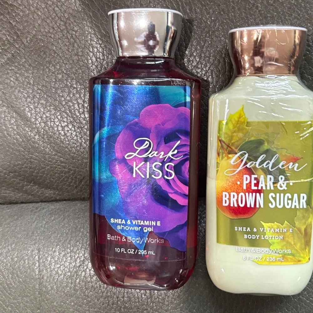 Bath and body body care set in dark kiss and golden pear and brown sugar